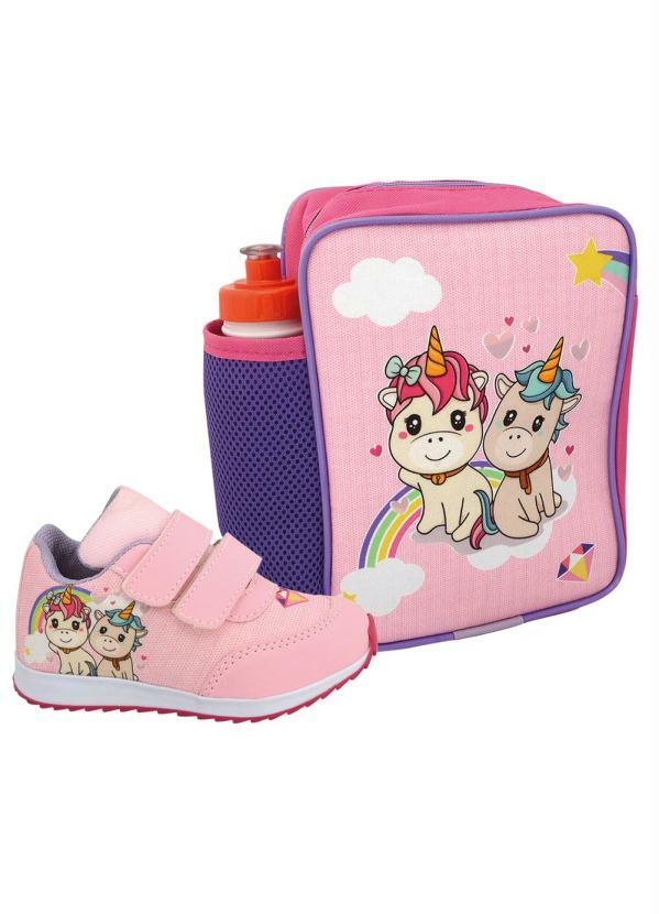 Vista 2 Kit Tênis Infantil Rosa + Mochila + Squezze Perfecta Perfecta