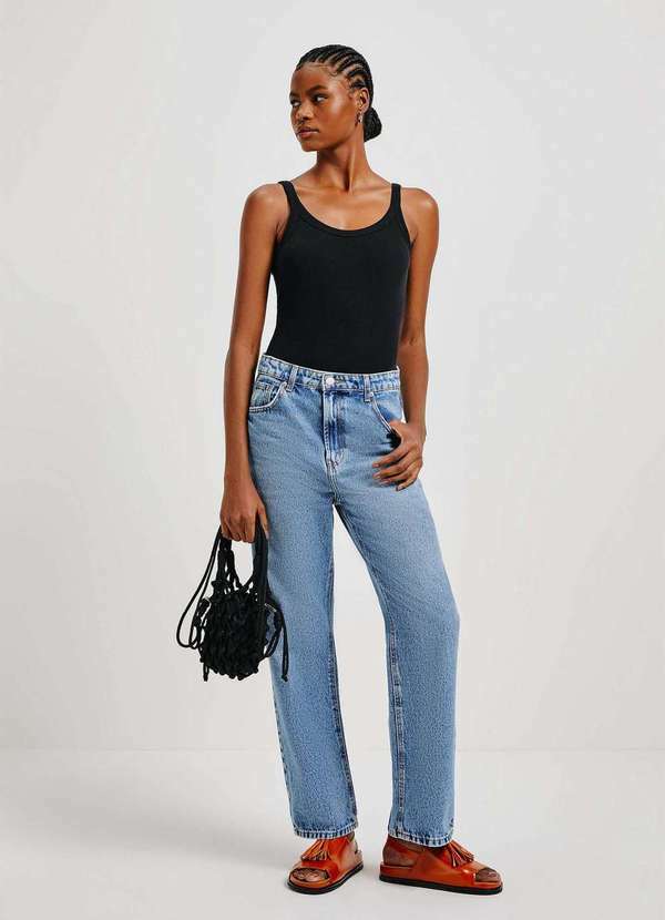 Vista 2 Calca Jeans Feminina Reta Cintura Alta Azul Hering Hering