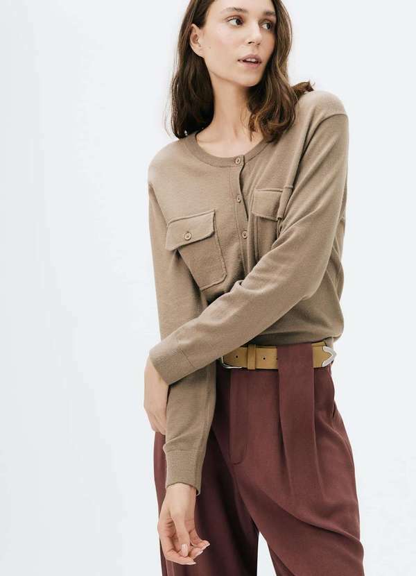 Vista 2 Cardigan Feminino Decore Redondo em Trico Marrom Hering Hering