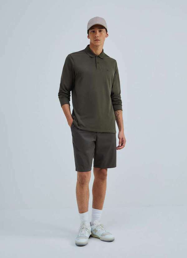 Vista 2 Camisa Polo Masculina Manga Longa em Piquet Verde Hering Hering