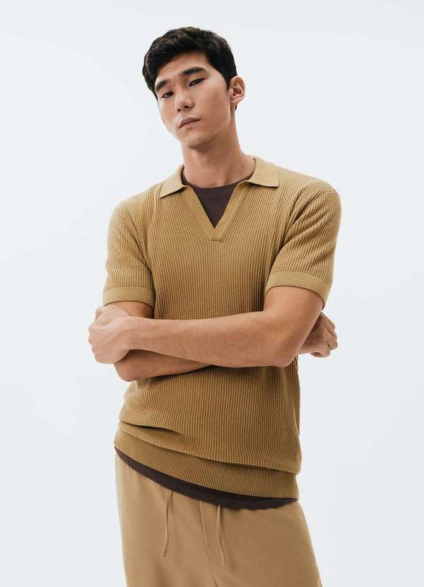 Polo Masculina Decote V em Trico Bege