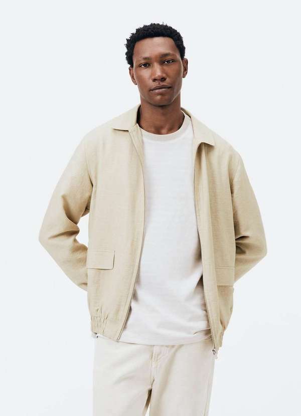 Jaqueta Masculina Harrington com Bolsos Frontais Bege