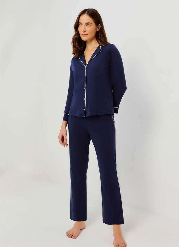 Vista 2 Pijama Longo Feminino com Botoes Azul Hering Hering