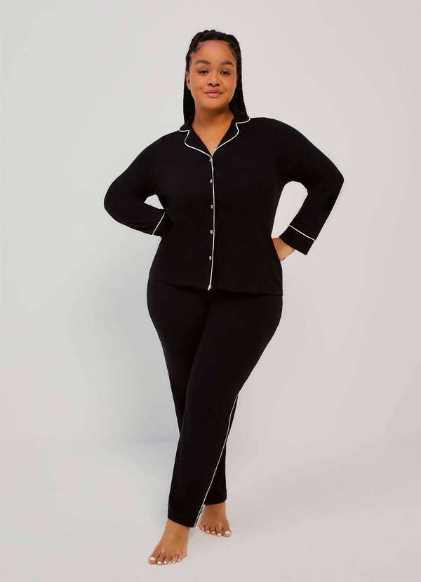 Vista 2 Pijama Longo Feminino com Botoes Preto Hering Hering