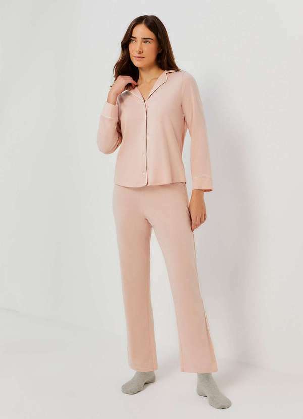 Vista 2 Pijama Longo Feminino com Botoes Rosa Hering Hering