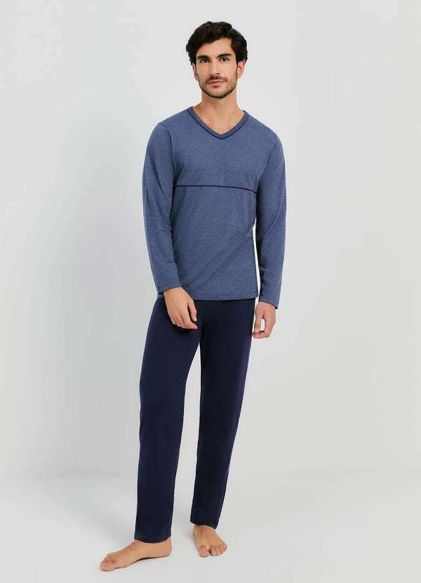 Vista 2 Pijama Masculino Longo com Decote V Azul Hering Hering