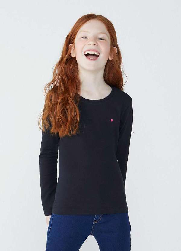Vista 2 Blusa Basica Infantil Menina Manga Longa com Patch Hering Kids... Preto Hering Kids
