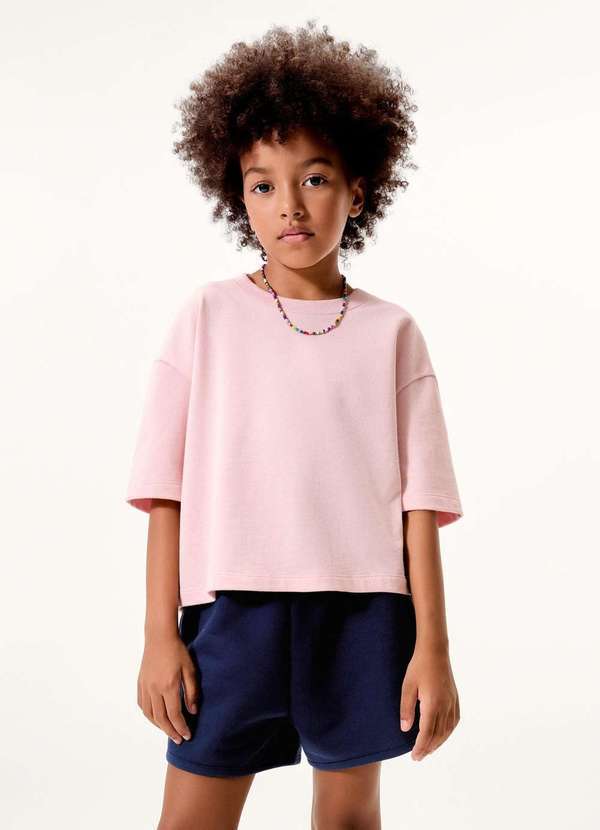 Vista 2 Blusa Infantil Menina Oversized em Malha Binada Rosa Hering Hering