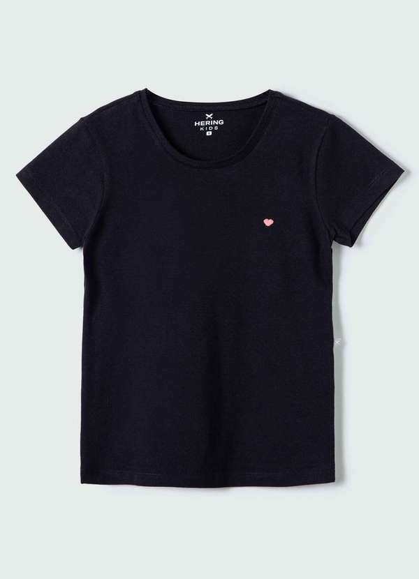 Vista 2 Blusa Menina Manga Curta Slim com Bordado Preto Hering Hering