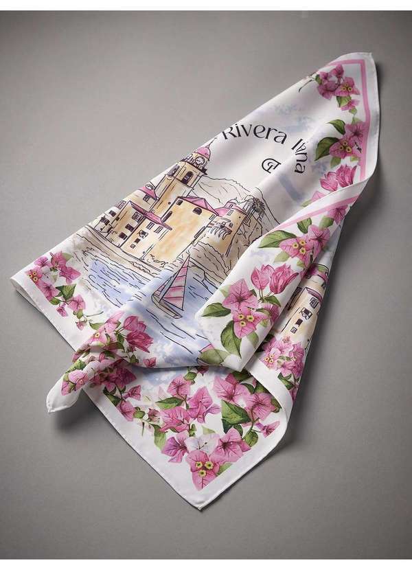 Lenço em Crepe com Estampa Floral Rosa Keilla