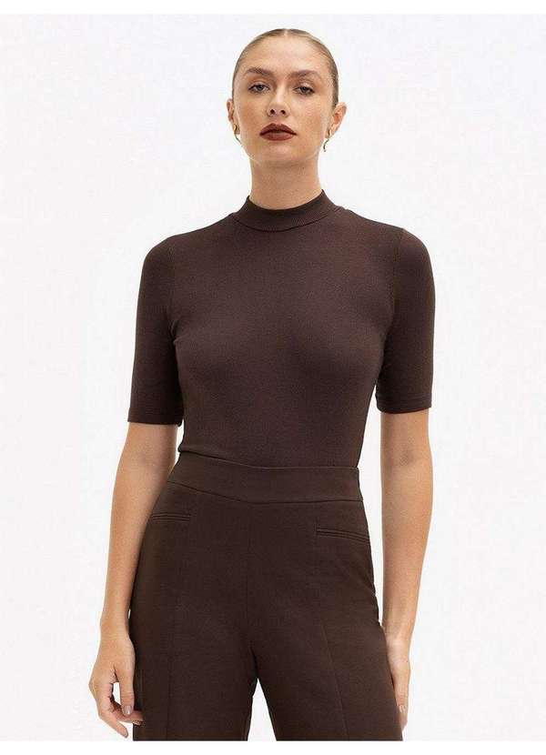 Blusa Canelada Gola Alta Marrom Sofia