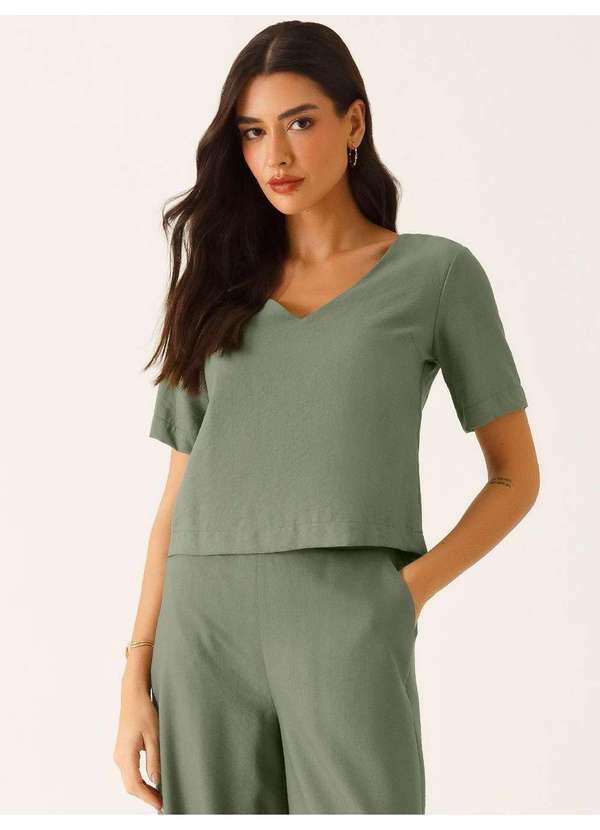 Blusa Decote V em Viscose Verde Oliva Rafaella