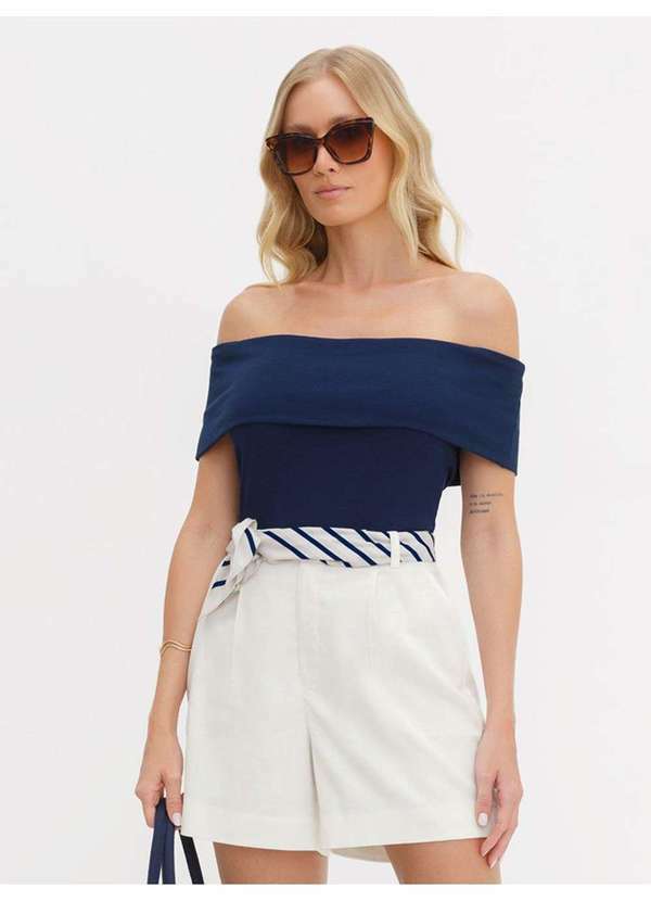 Blusa Ombro a Ombro de Malha Canelada Marinho Gracy