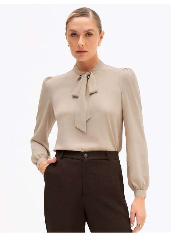 Blusa Manga Longa Gola Laço Bege Gabriella