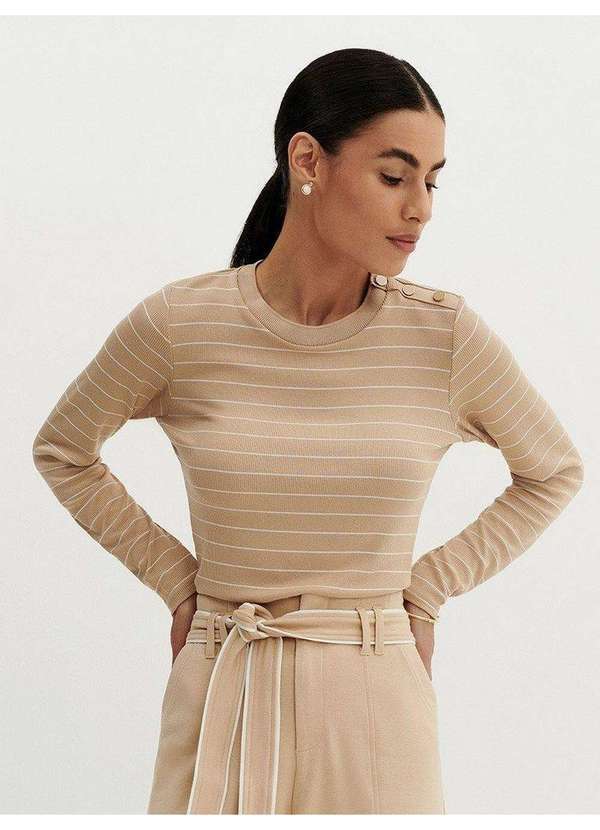 Blusa Manga Longa em Malha Canelada Listrada Mocha Mousse Luana