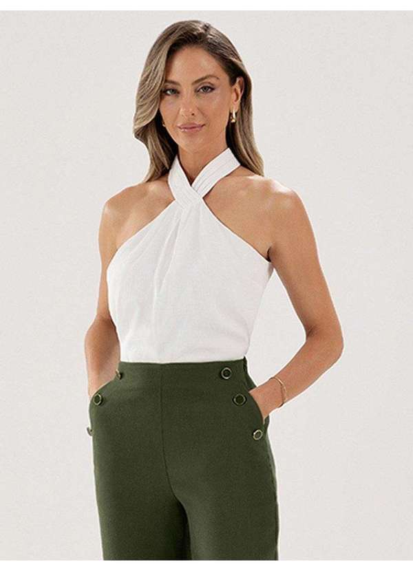 Blusa Cava Americana de Gola Alta com Pregas Off White Lisa