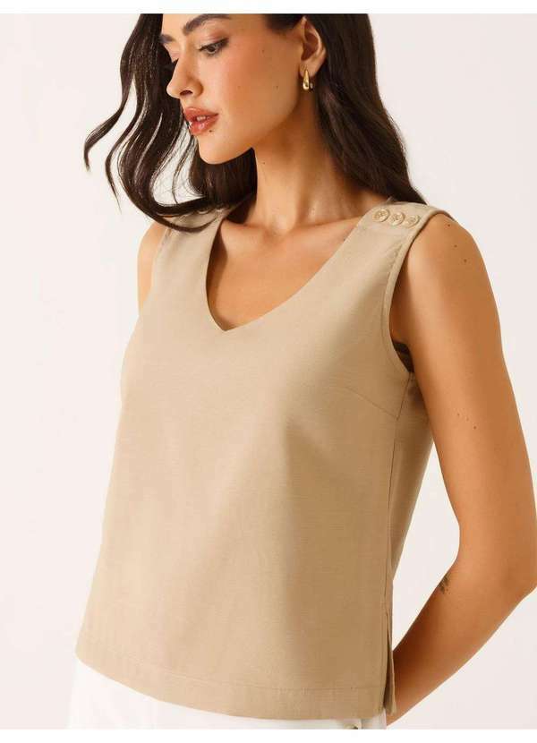 Blusa sem Manga Decote V em Viscose Amêndoa Hanya