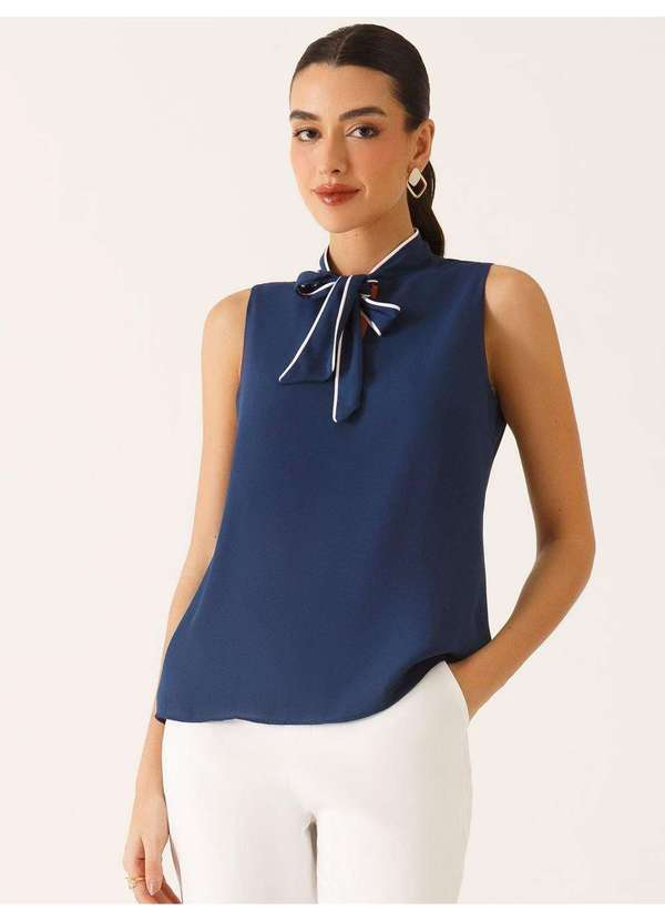 Blusa sem Mangas Gola Alta em Crepe Marinho Lourdes