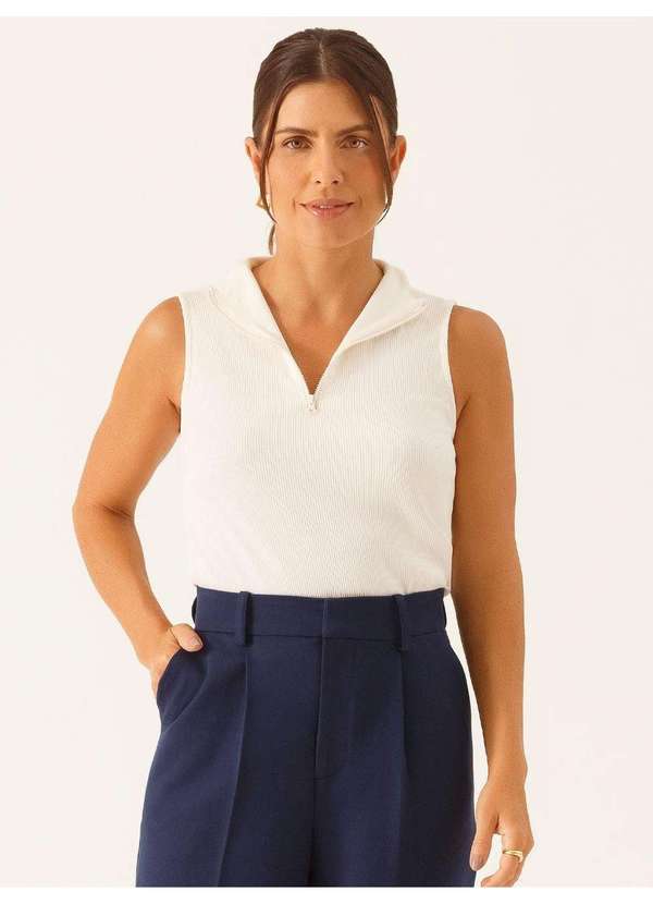 Blusa Gola Alta com Zíper em Malha Canelada Off White Veralucia