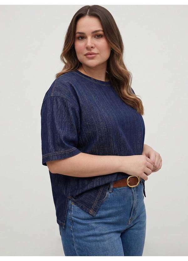 Blusa Jeans Reta Plus Size Azul Escuro Cici
