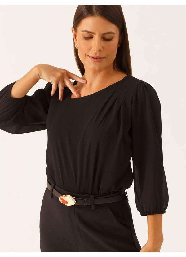 Blusa Manga 7/8 em Crepe Preto Elidiane