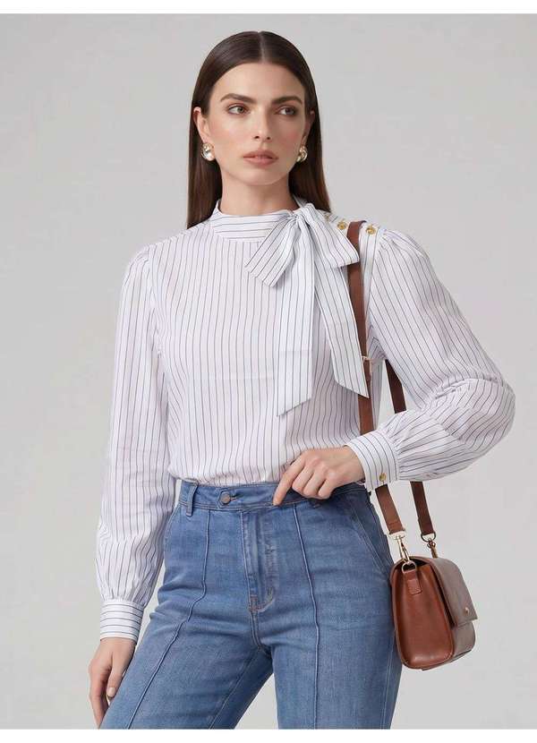 Blusa Manga Longa em Algodão Listrado Off White Vandy
