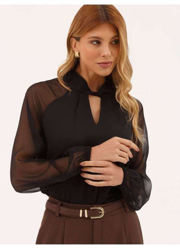 Blusa Manga Longa em Crepe Preto Coralise