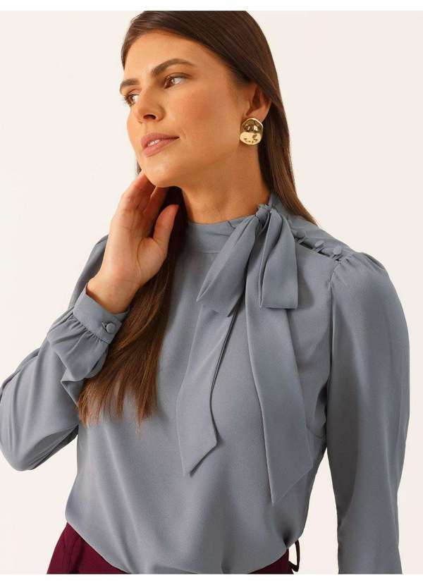 Blusa Manga Longa Gola Laço Cinza Tamires