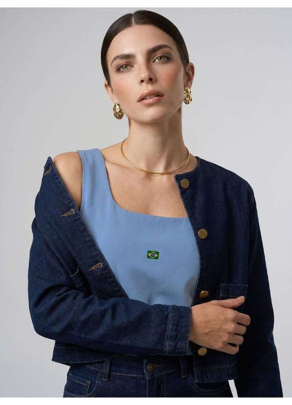 Blusa Regata com Decote Quadrado e Bordado Minimalista Azul Mary