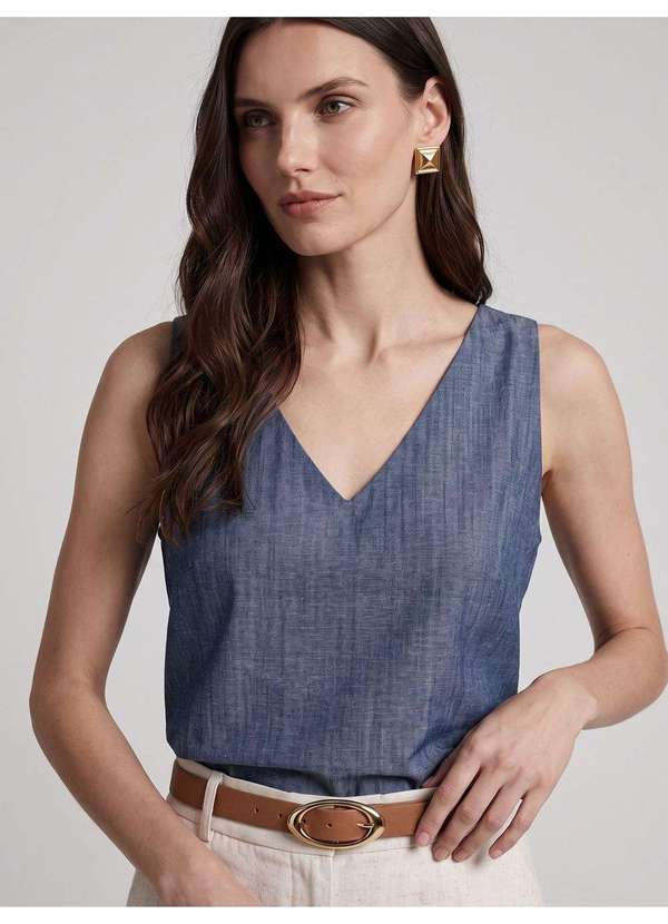 Regata Feminina Decote V Jeans Azul Médio Irene