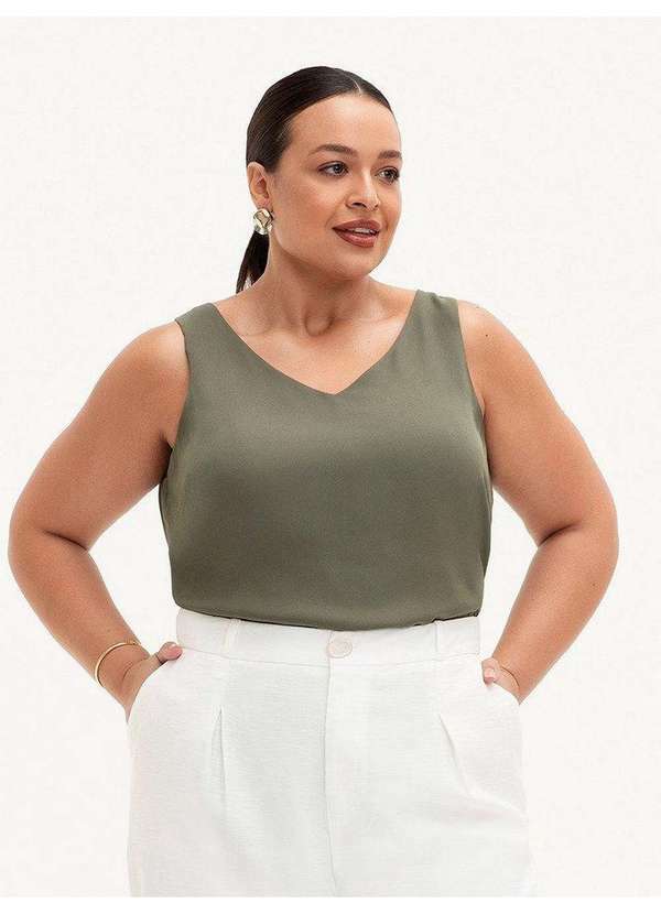 Regata Feminina Decote V Plus Size Verde Oliva Sinara