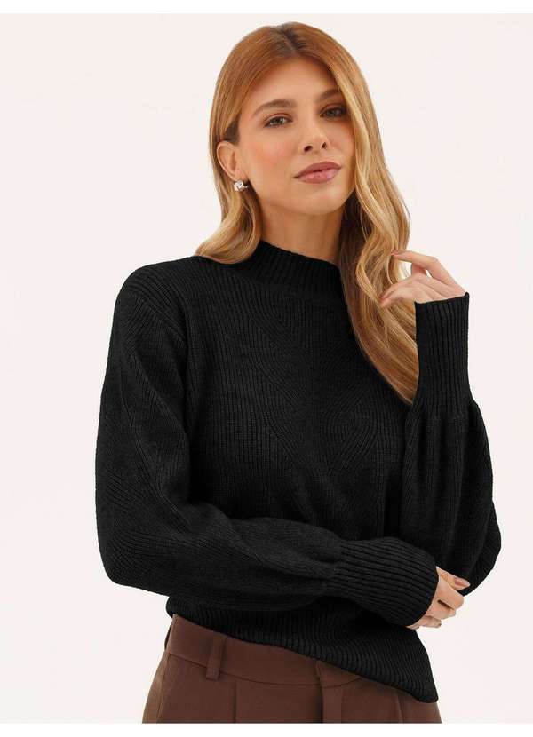 Suéter de Tricot Gola Redonda Preto Ana Flávia
