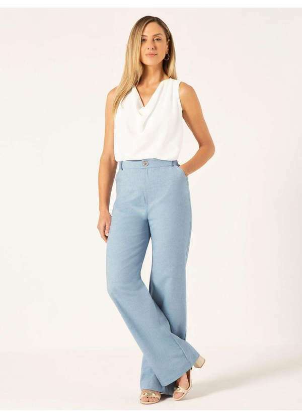 Calça Wide Leg em Oxford de Algodão Azul Claro Jordane