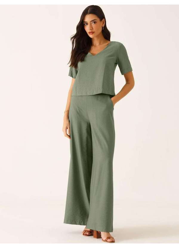 Calça Pantalona em Viscose Verde Oliva Salete
