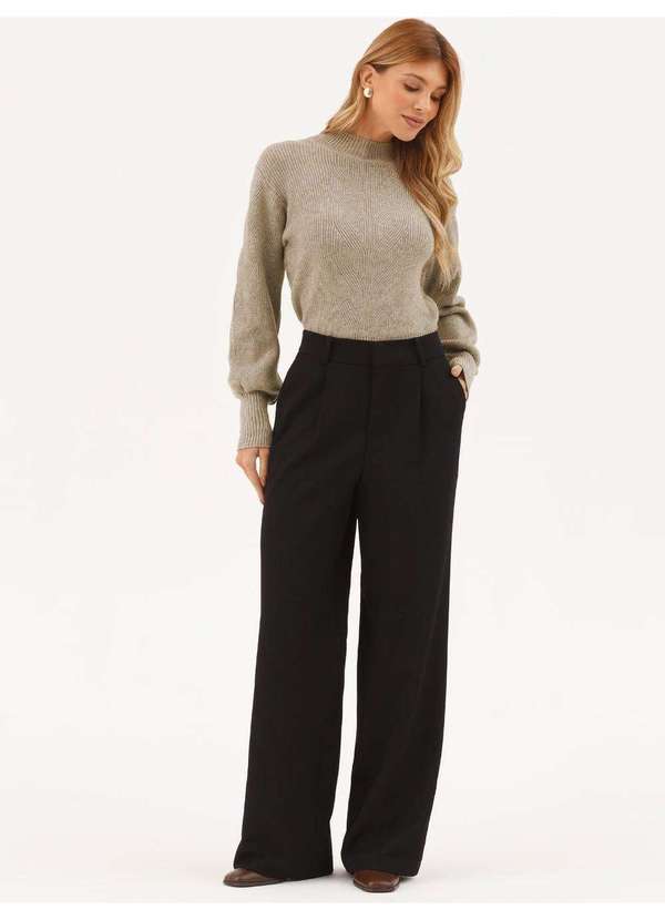 Calça Wide Leg de Alfaiataria em Viscose Preto Natiele