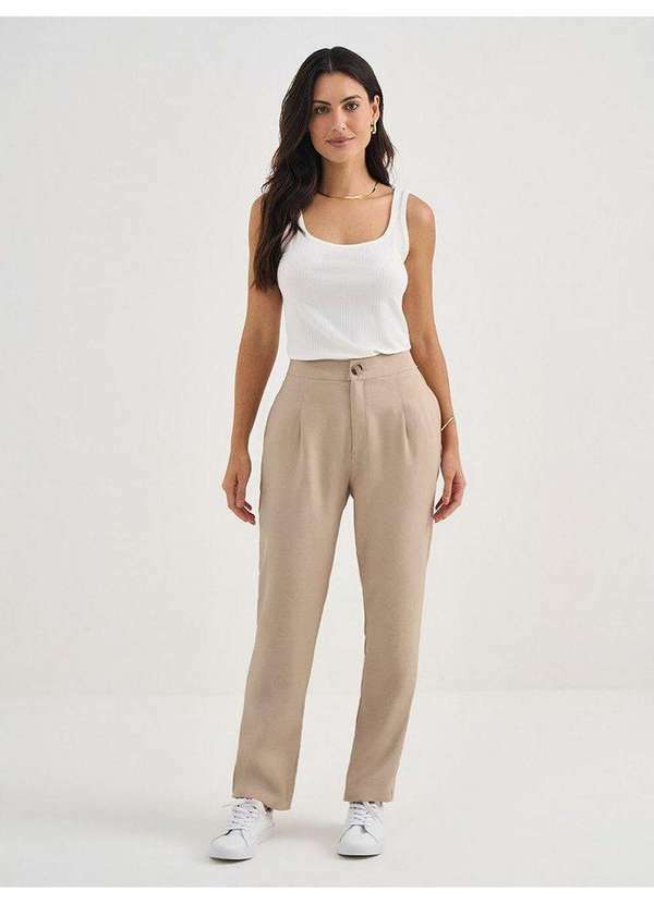 Calça Reta Regular de Alfaiataria em Viscose Mocha Mousse Dalmira