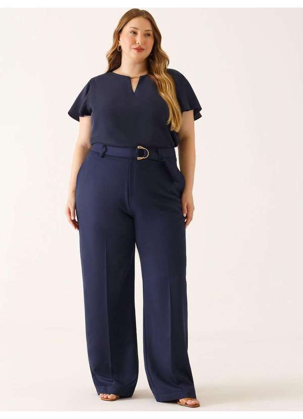 Calça Wide Leg de Alfaiataria Plus Size Marinho Índigo Cora