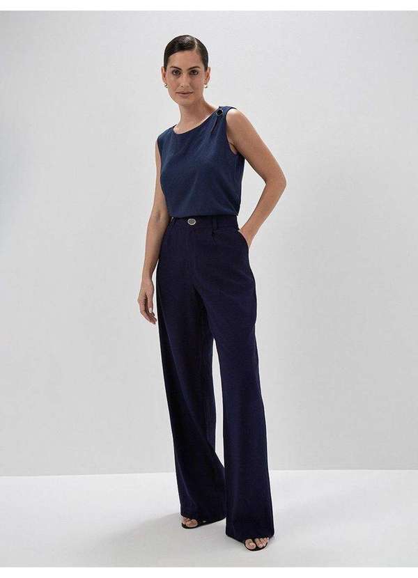 Calça Wide Leg de Alfaiataria em Viscose Marinho Giuly