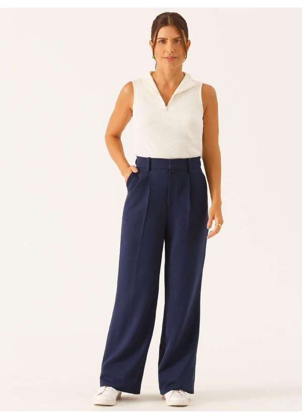 Calça Wide Leg de Alfaiataria em Viscose Marinho Natiele