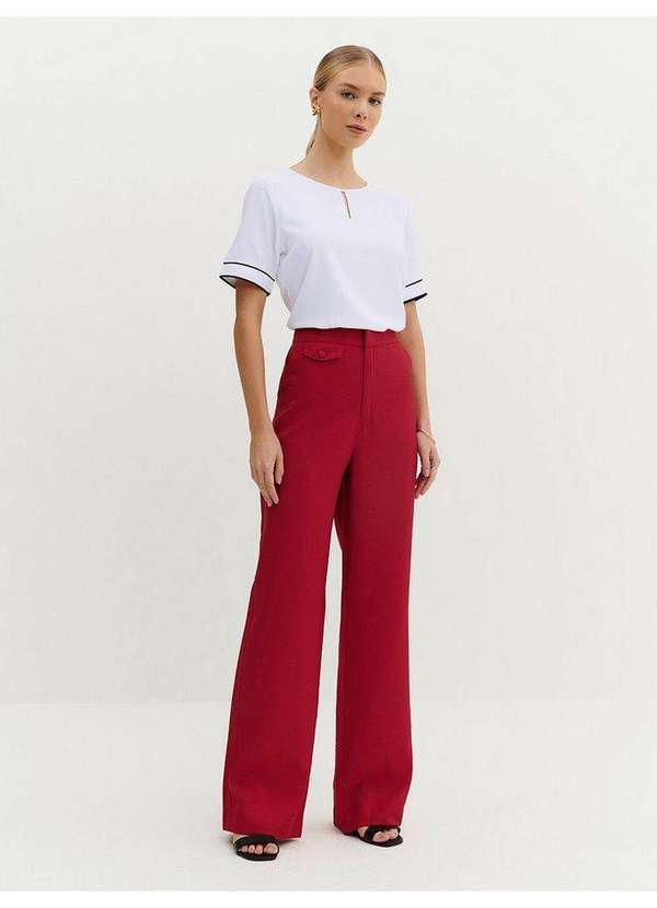 Calça Wide Leg de Viscose Vermelho Beverly