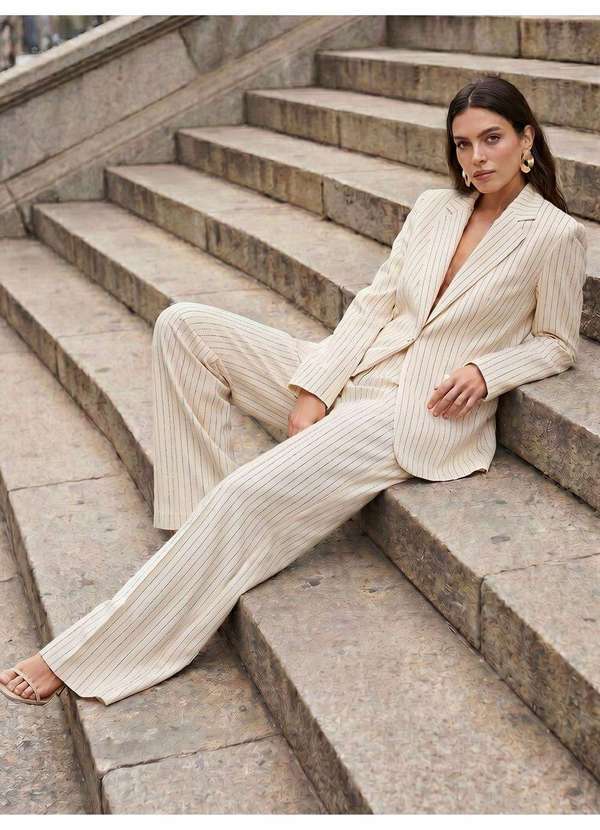 Calça Alfaiataria Wide Leg Listrado Off White Lin