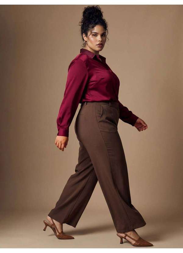 Calça Alfaiataria Wide Leg Plus Size Marrom Antonia