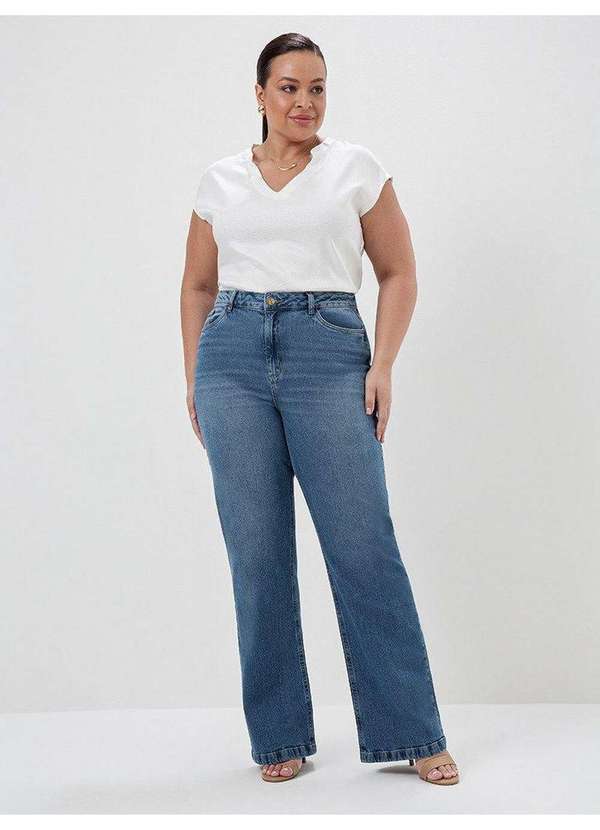 Calça Jeans Wide Leg Plus Size Azul Médio Sicilia