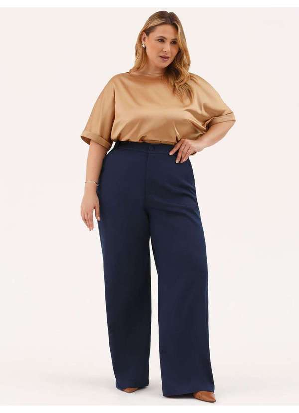 Calça Wide Leg Alfaiataria Plus Size Marinho Lina