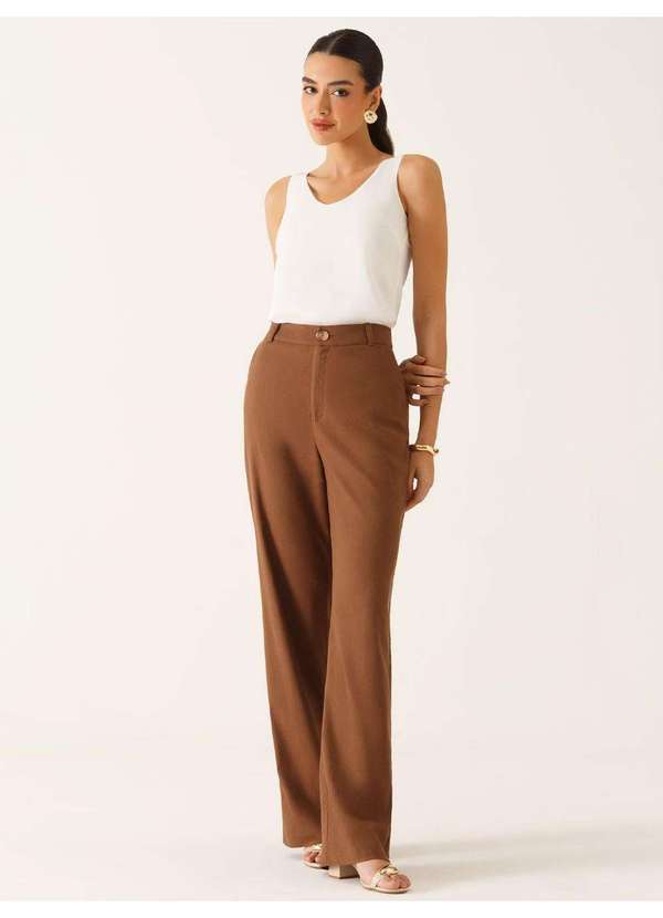 Calça Wide Leg de Linho Marrom Felipa