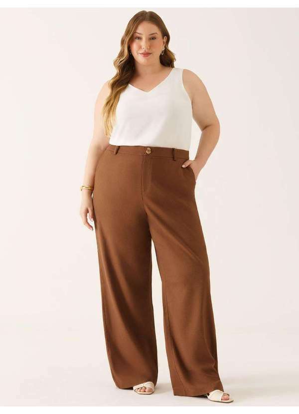 Calça Wide Leg de Linho Plus Size Marrom Alexa