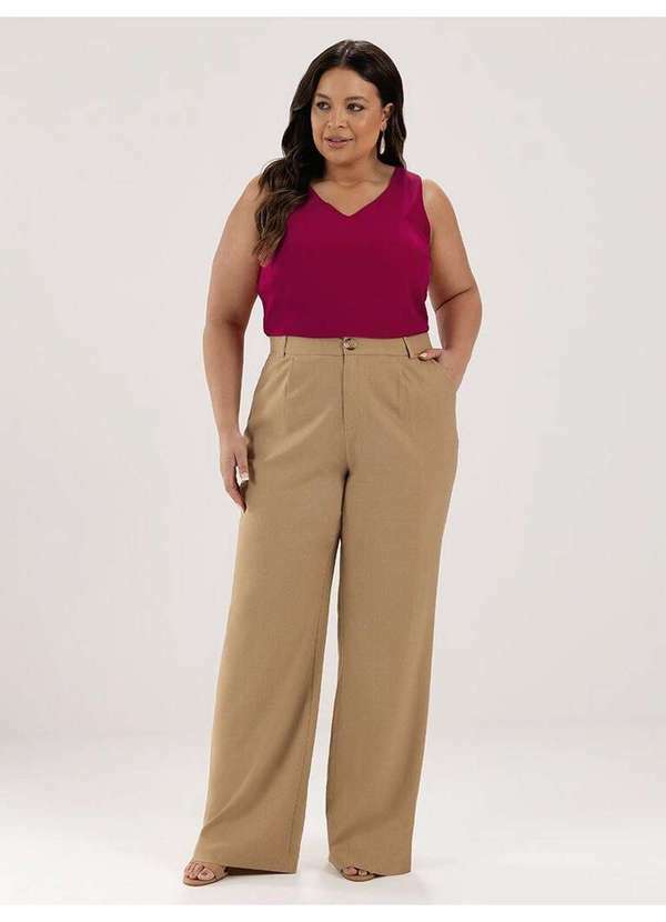 Calça Wide Leg de Linho Plus Size Mocha Mousse Tahuane