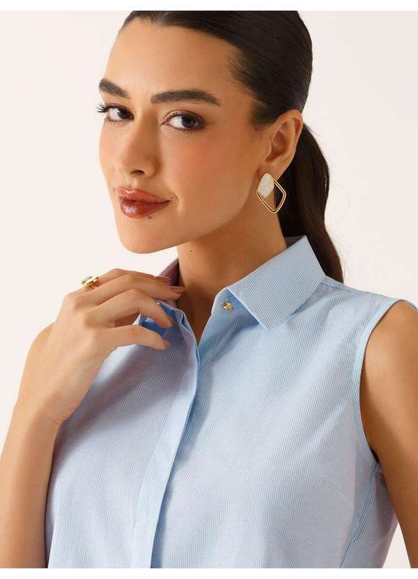 Camisa sem Mangas em Tricoline Listrado Azul Claro Tônia