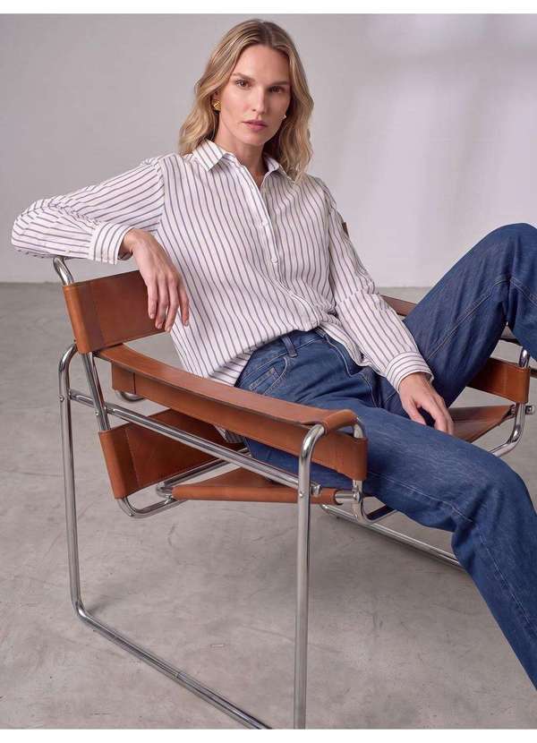 Camisa Comfy de Algodão Listrado Off e Marinho Tiany