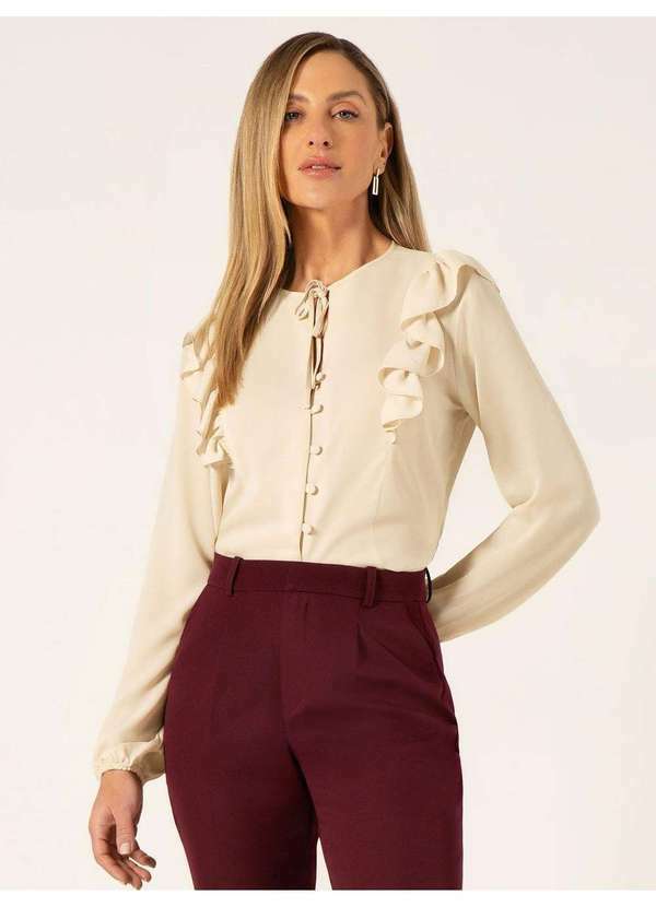 Camisa Manga Longa em Crepe com Babado Aveia Kassandra